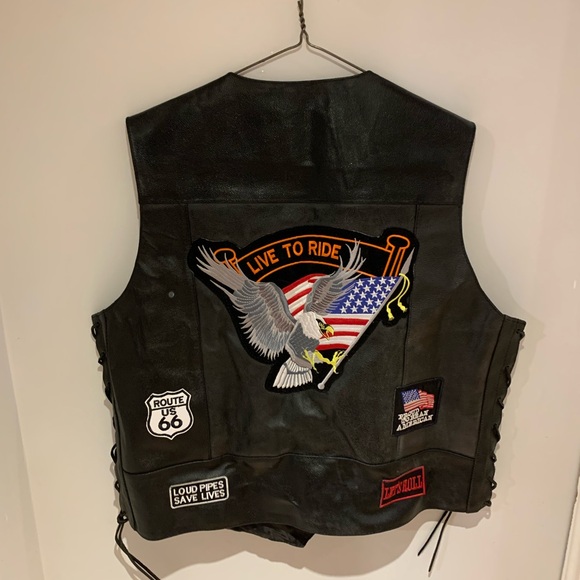 Vest Leather Biker Black Real Cow Motorcycle 9 Patches US Flag Eagle MC ELM3930 - Picture 1 of 5